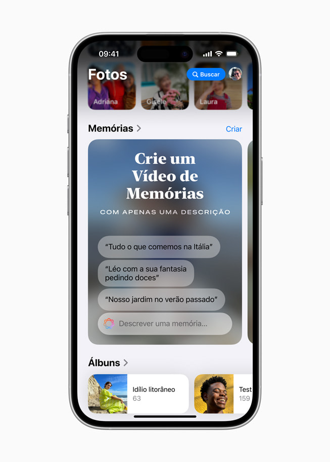 O iPhone 16 mostra uma tela do recurso Memórias com uma solicitação para criar um vídeo de lembranças com apenas uma descrição.
