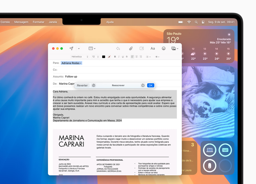O MacBook Pro mostra as Ferramentas de Escrita no Mail.