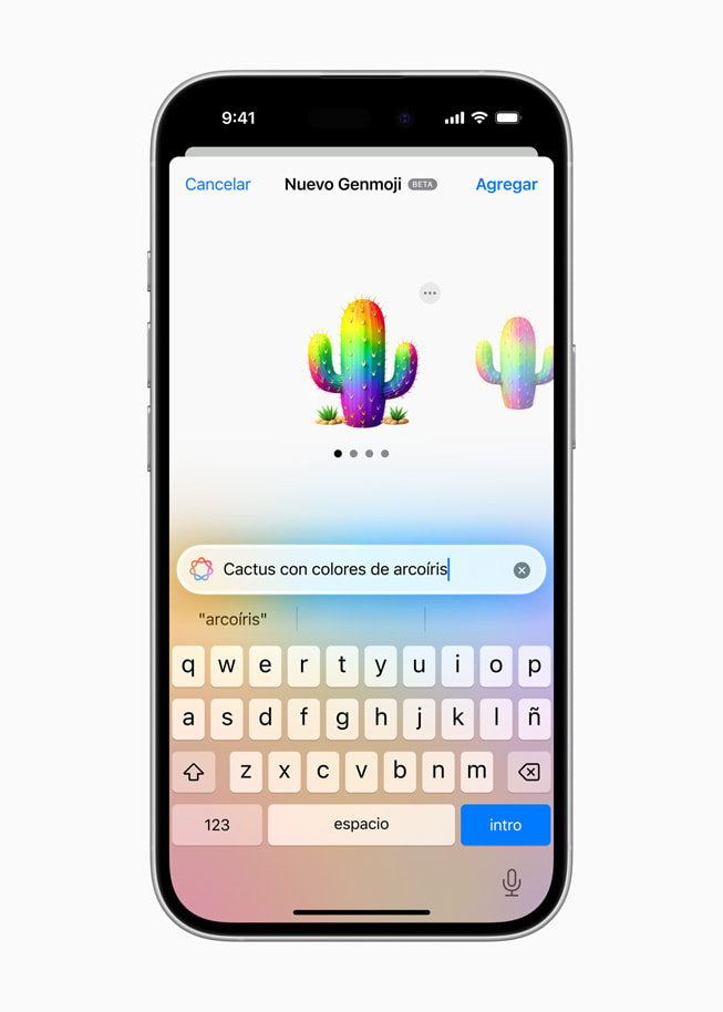 Se muestra la creación de un Genmoji en un iPhone 16.