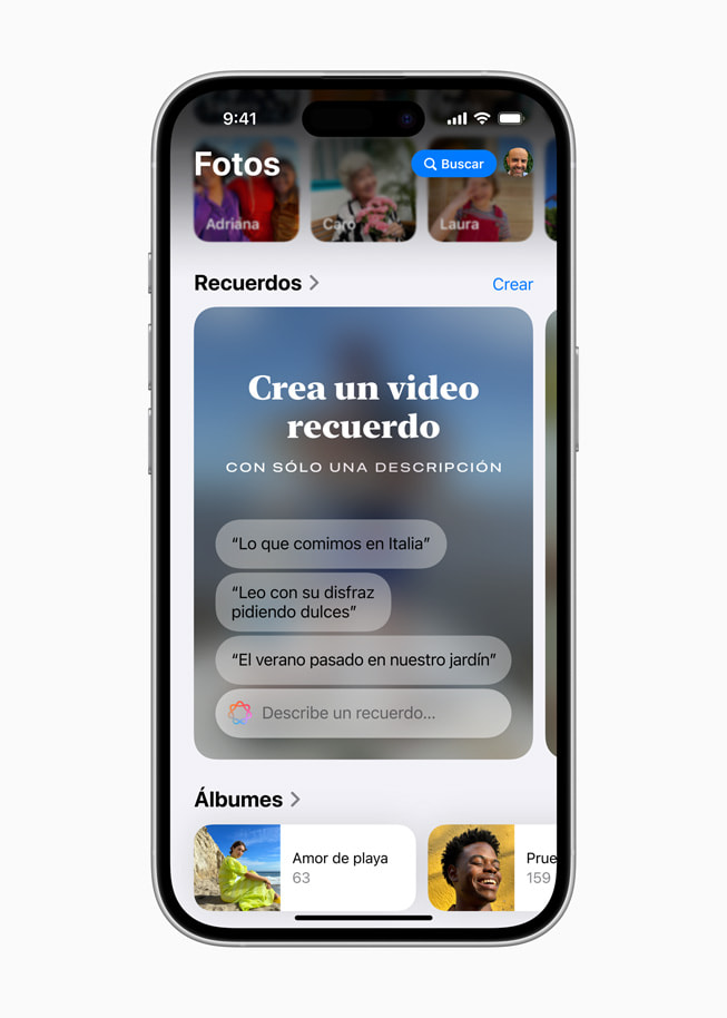 En un iPhone 16, se muestra una pantalla de Recuerdos con una solicitud para crear un video de recuerdo usando solo una descripción.