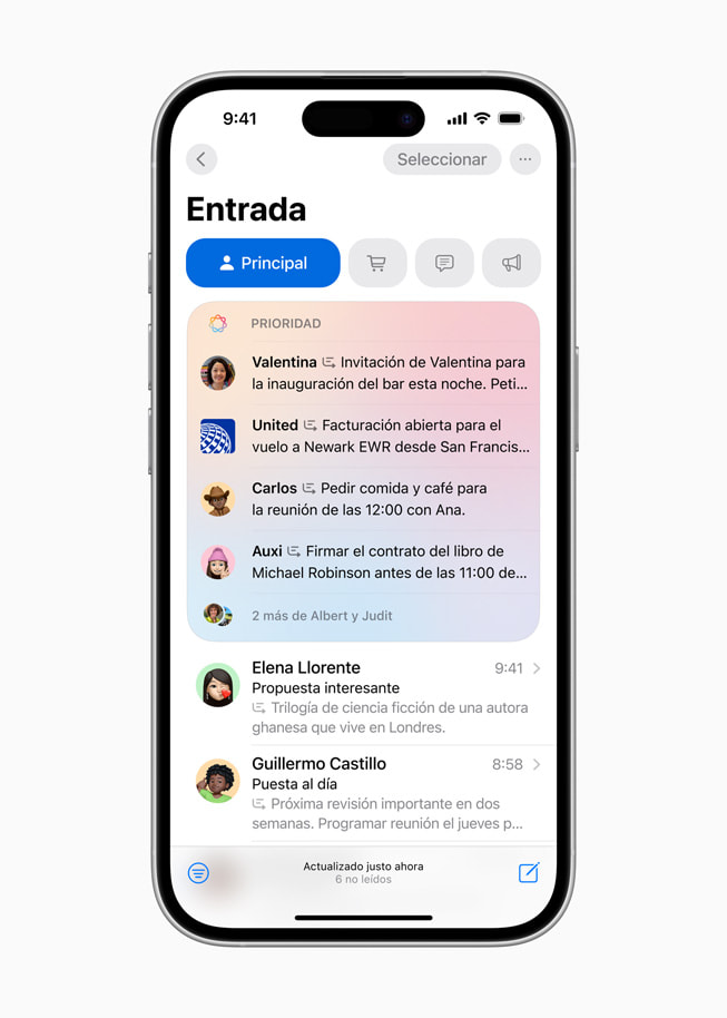 Un iPhone 16 muestra una pantalla de Mensajes Prioritarios con una lista de emails importantes.