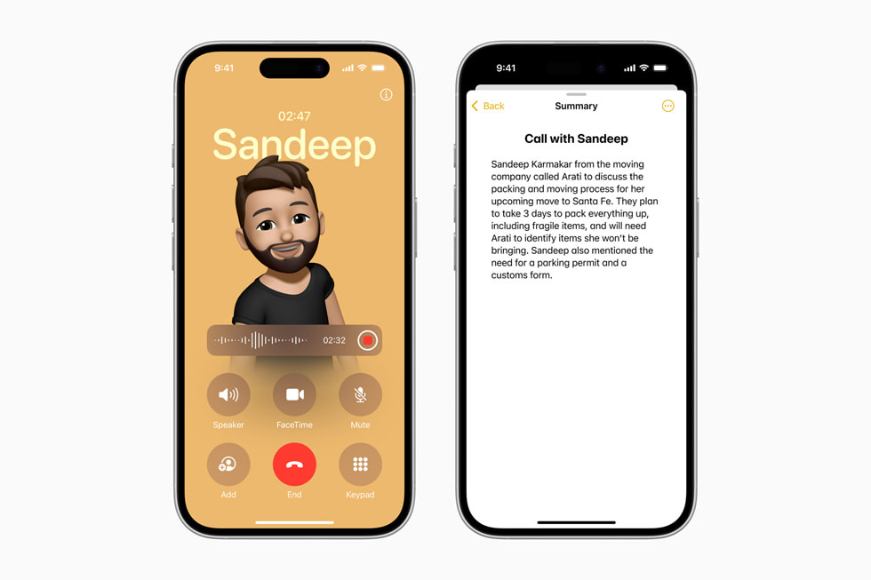 iPhone 16 shows an audio recording and a second screen with a summary of the call’s transcript. 