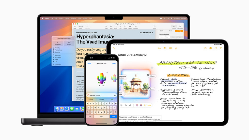 Rewrite, Genmoji creation, and Image Playground displayed on MacBook Pro, iPhone 16, and iPad Pro.