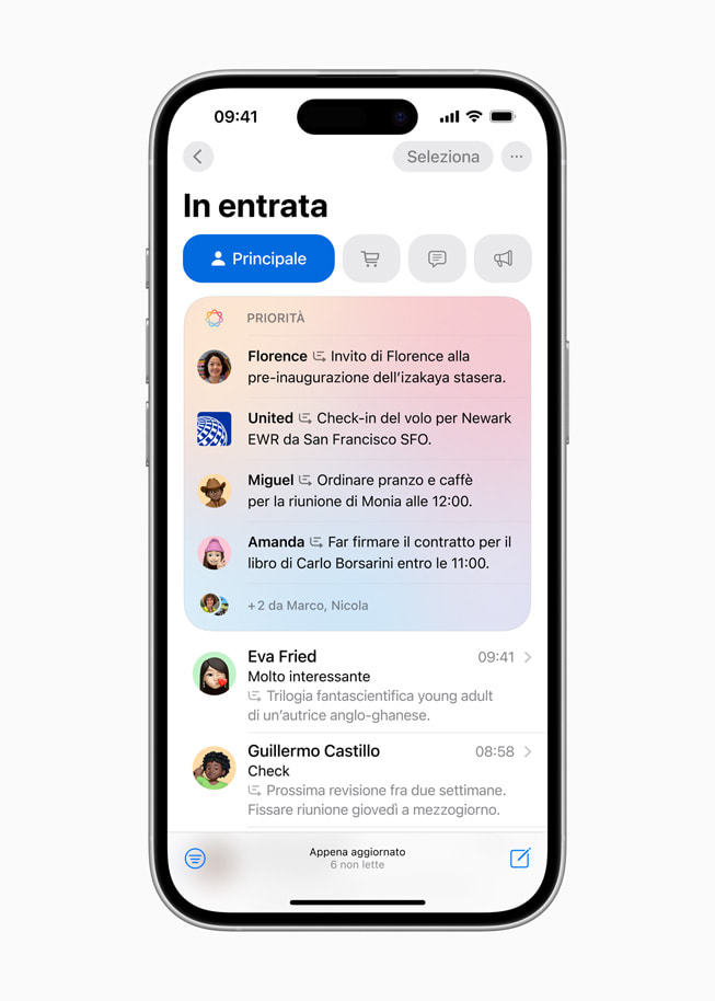Un iPhone 16 mostra i Messaggi con priorità con diverse email importanti.