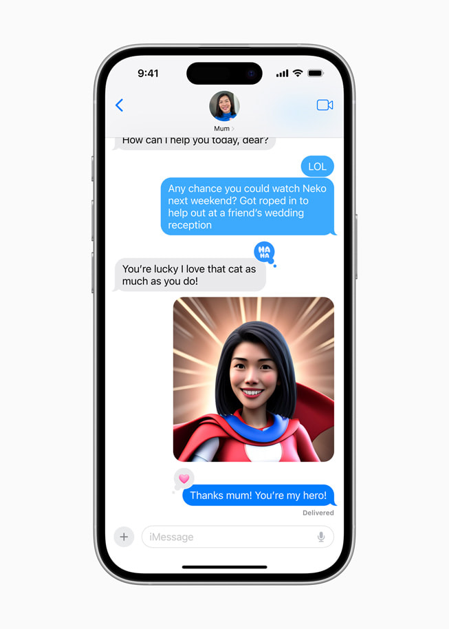 An Image Playground Animation style creation shown in Messages on iPhone 16.