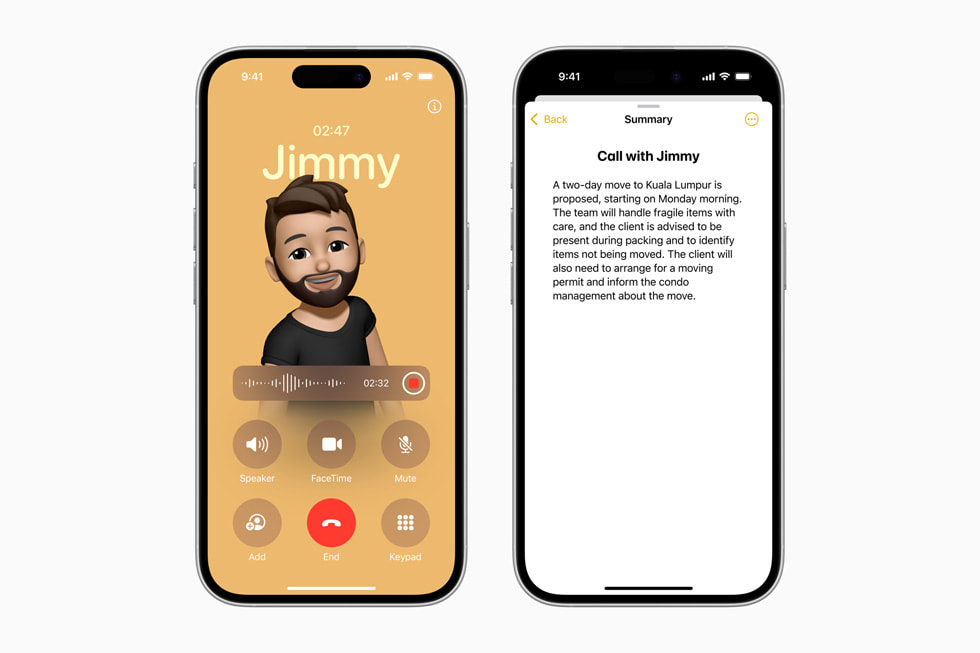 iPhone 16 shows an audio recording and a second screen with a summary of the call’s transcript. 