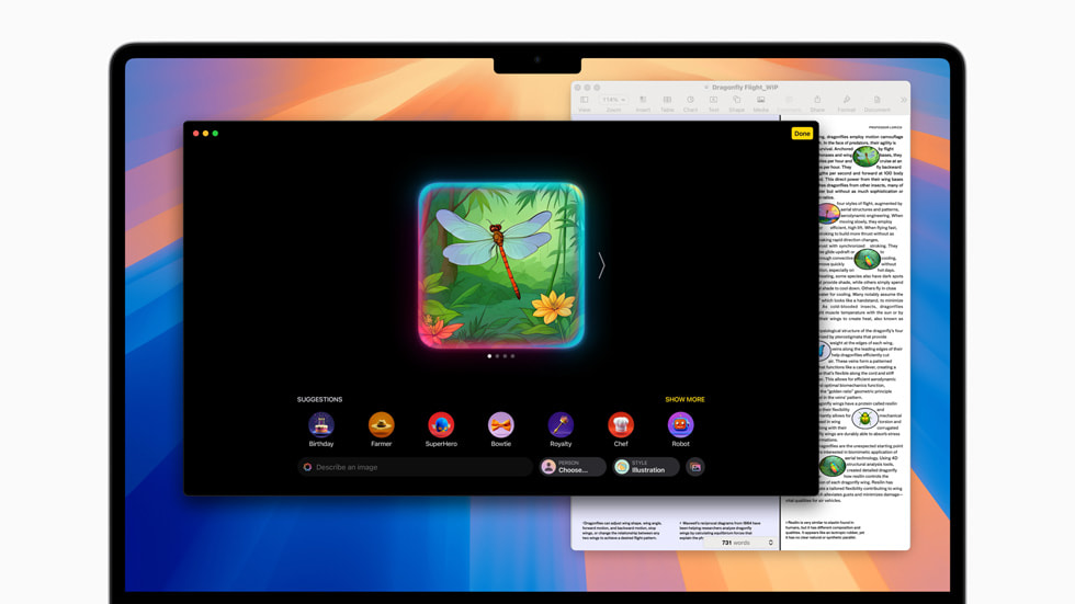 An Image Playground screen on MacBook Air shows an illustrated dragonfly.