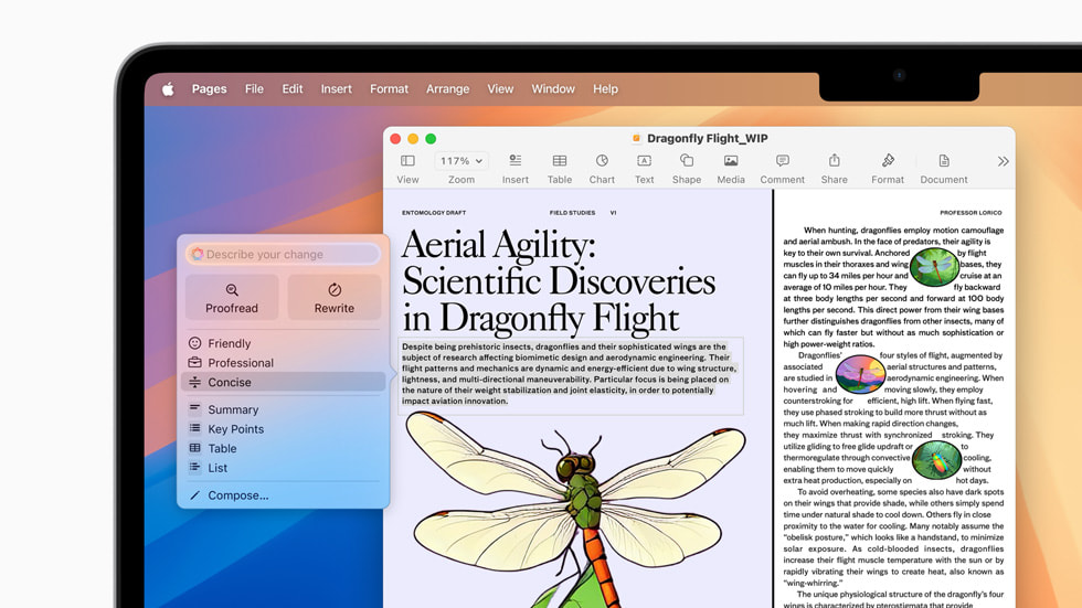 A Writing Tools screen on MacBook Air shows highlighted text and “Concise” selected from a list.