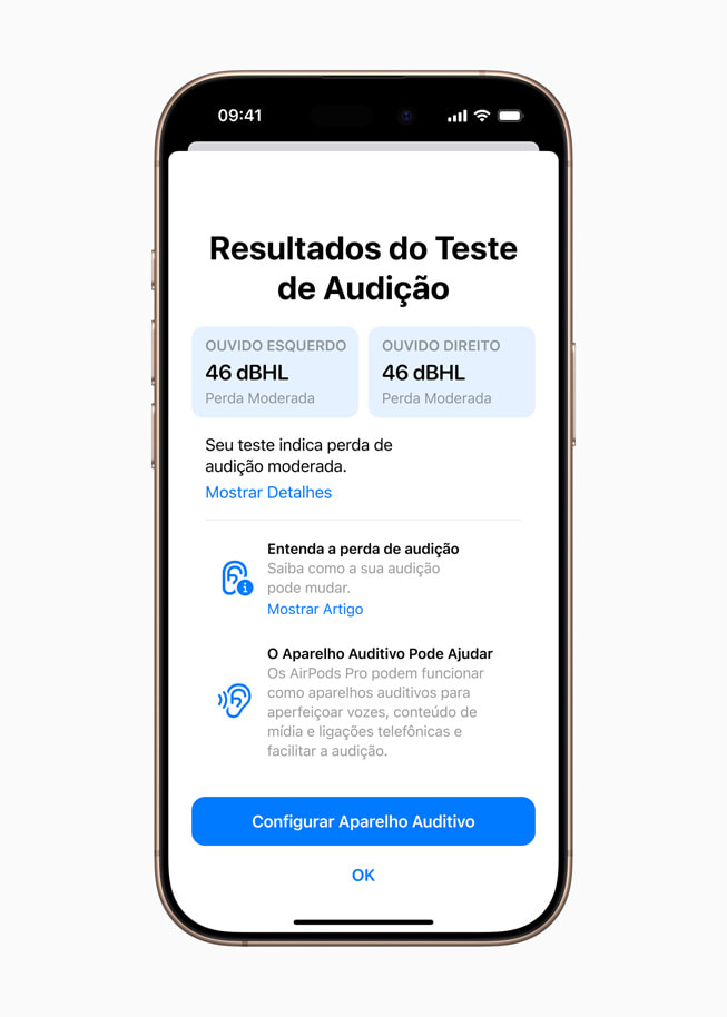 Resumo do Teste de Audição no app Saúde do iPhone 16 Pro.