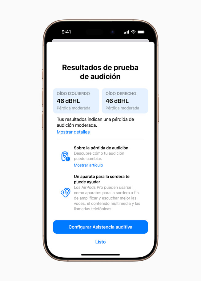 Resumen de la Prueba de Audición en la app Salud en un iPhone 16 Pro.