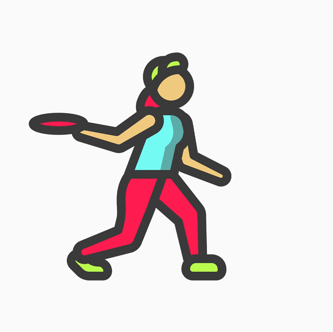 An illustrated icon of a person throwing a frisbee.