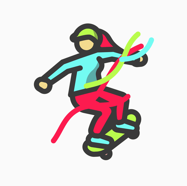 An illustrated icon of a person skateboarding.