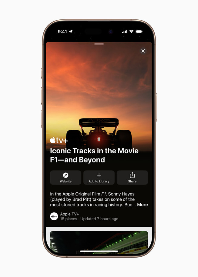 Sur un iPhone 16 Pro, Apple TV+ affiche une page intitulée « Iconic Tracks in the Movie F1—and Beyond ».