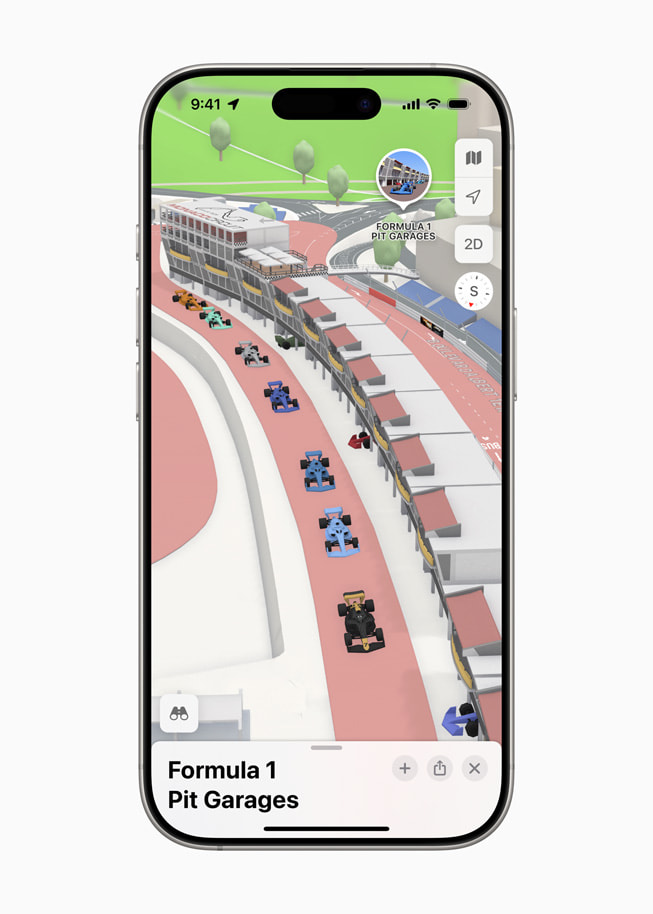 Sur un iPhone 16 Pro, Apple Plans affiche le paddock du circuit de Formule 1.