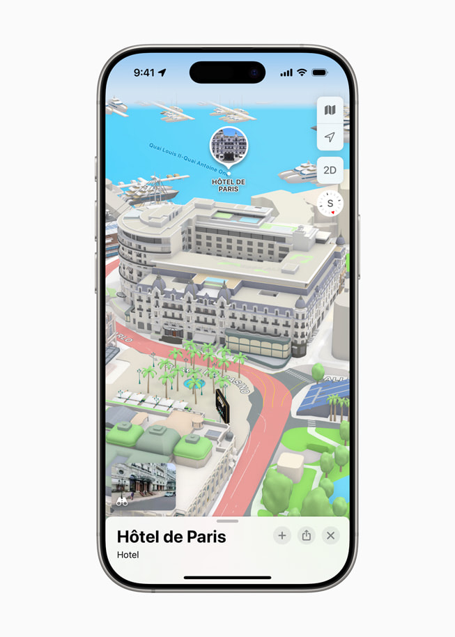 Sur un iPhone 16 Pro, Apple Plans affiche un point de repère en 3D de l’Hôtel de Paris à Monaco.