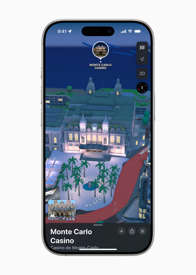 Sur un iPhone 16 Pro, Apple Plans affiche un point de repère en 3D du Casino de Monte-Carlo à Monaco.