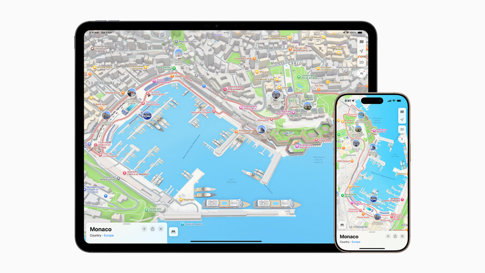 Un iPad affiche l’app Apple Plans et l’Exploration détaillée de la ville de Monaco.
