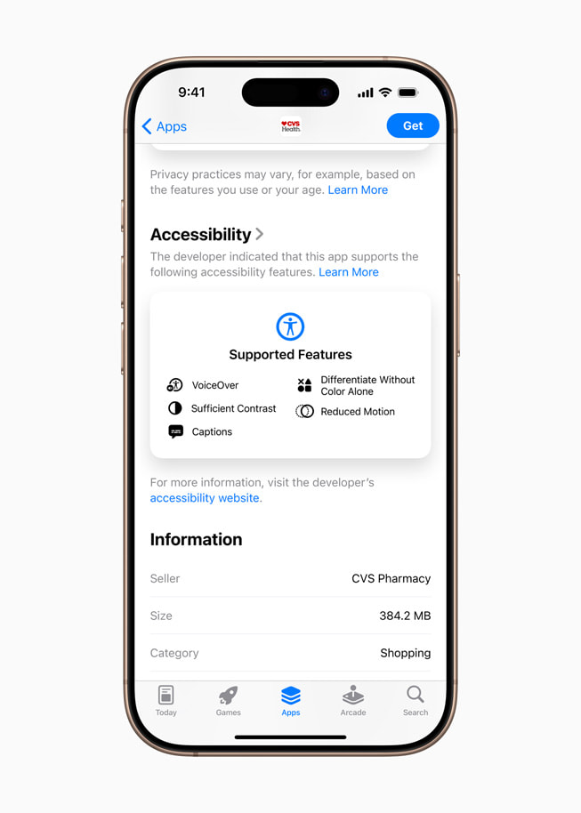 App Store 的「CVS 健康」app 產品頁面展示「Accessibility Nutrition Labels」。