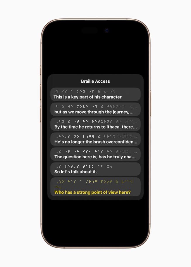 在 iPhone 16 上展示「Braille Access」。