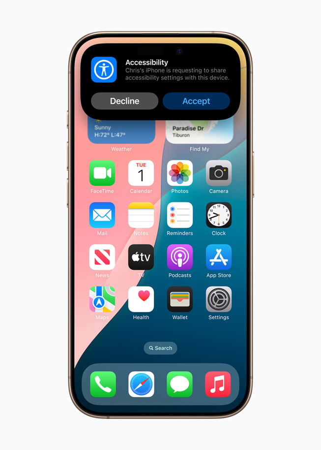 iPhone 16 Pro 展示「Share Accessibility Settings」。