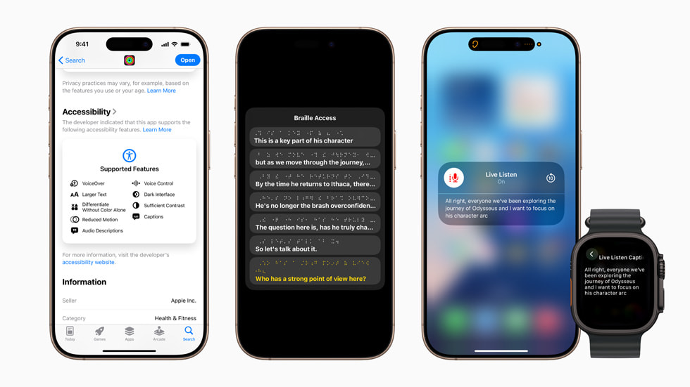 App Store Labels mit Angaben zur Barrierefreiheit, Braille Zugriff und Live Untertitel werden auf einem iPhone angezeigt, ebenso wie Live Untertitel auf einer Apple Watch.