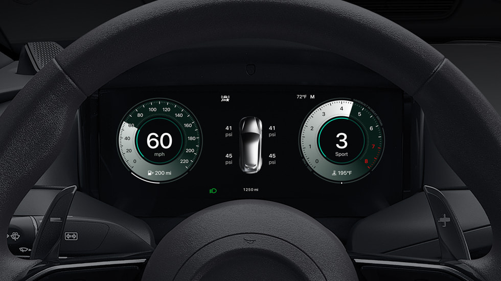A CarPlay Ultra screen shows tire pressure in the instrument cluster of an Aston Martin.