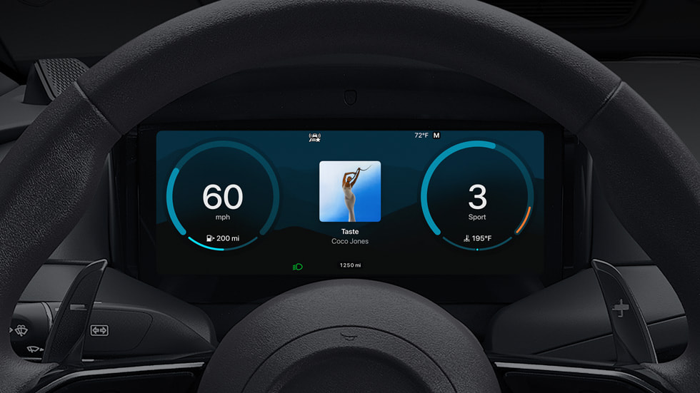 A CarPlay Ultra instrument cluster theme shows thin blue bars on the speedometer and tachometer.