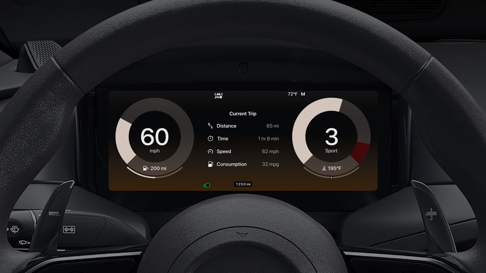 A CarPlay Ultra instrument cluster theme shows thick gray bars on the speedometer and tachometer.