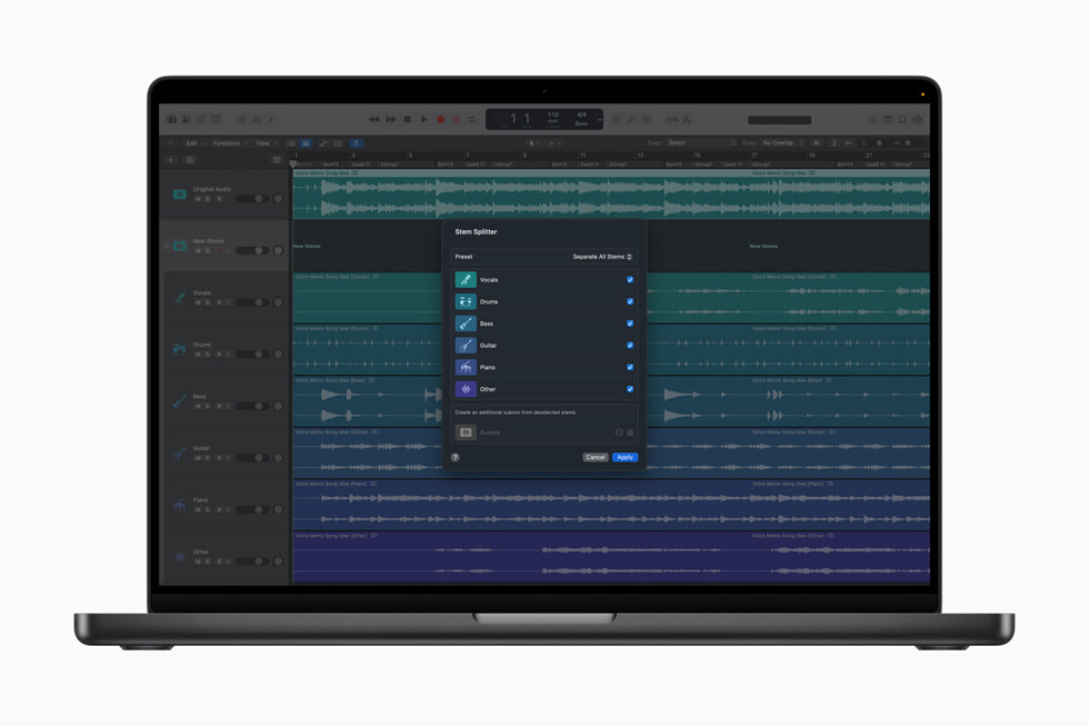 New Stem Splitter options are shown in Logic Pro on Mac.