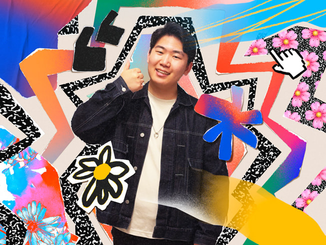 A colorful collage featuring a portrait of Hanafuda Tactics creator, Taiki Hamamoto.