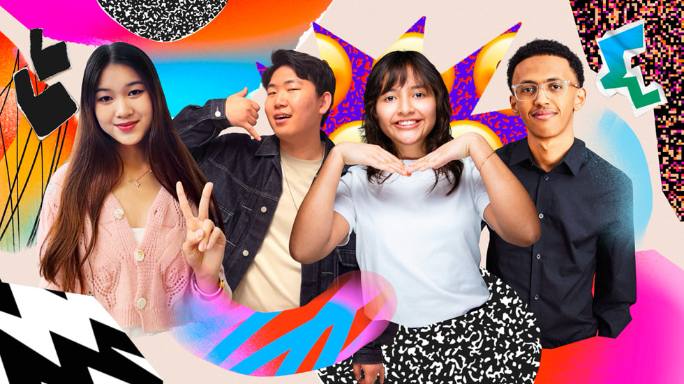 A collage-style photo with illustrated design elements shows four 2025 Swift Student Challenge Winners: Marina Lee, Taiki Hamamoto, Luciana Ortiz Nolasco, and Nahom Worku.