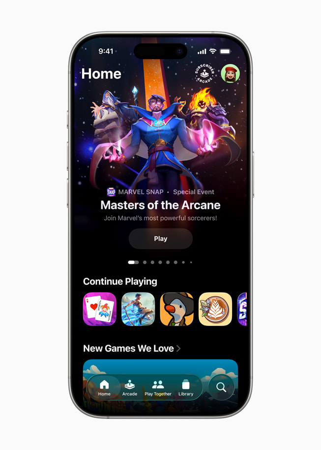 The new Apple Games app is shown on iPhone 16 Pro.