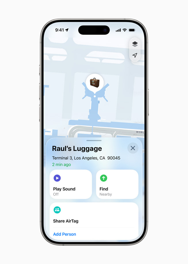 On iPhone 16 Pro, the Find My app shows the location of a user’s luggage.