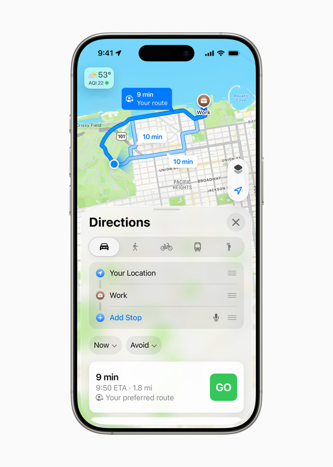 A user’s preferred route to work is shown in Apple Maps on iPhone 16 Pro.