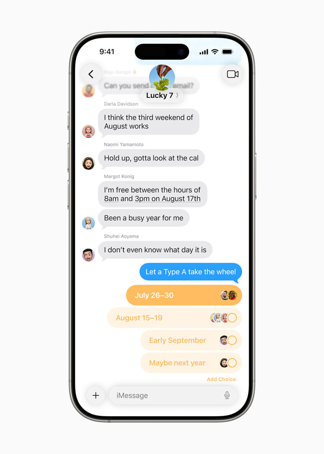 In a group conversation in Messages, a user creates a poll for their friends to respond to.