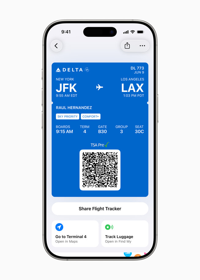 In Apple Wallet on iPhone 16 Pro, a user’s boarding pass shows links to Maps and Find My.
