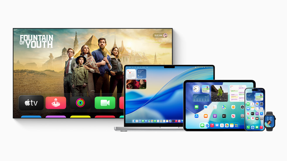 Apple TV, MacBook Pro, iPad Pro, iPhone 16 Pro, and Apple Watch Series 10. 
