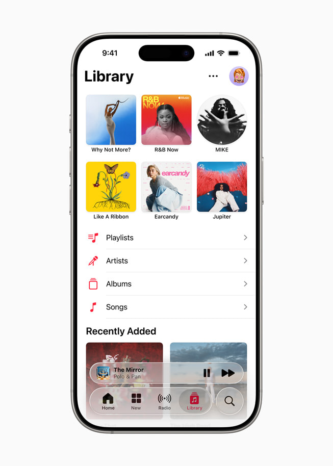 iPhone 16 Pro shows a user’s favorite music pinned to the top of their library in Apple Music.