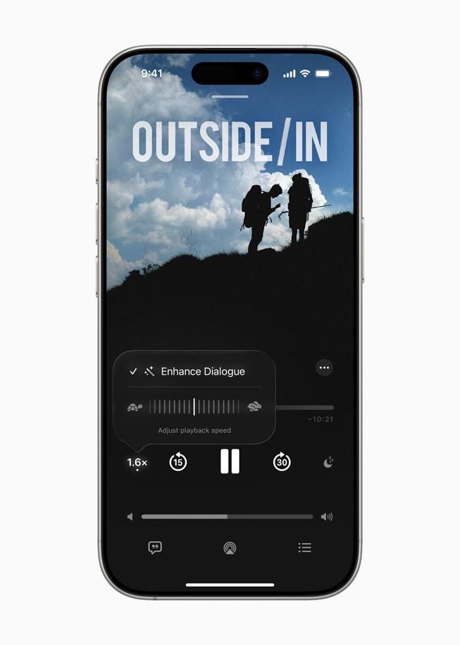 The new Enhance Dialogue setting is shown in Apple Podcasts on iPhone 16 Pro.