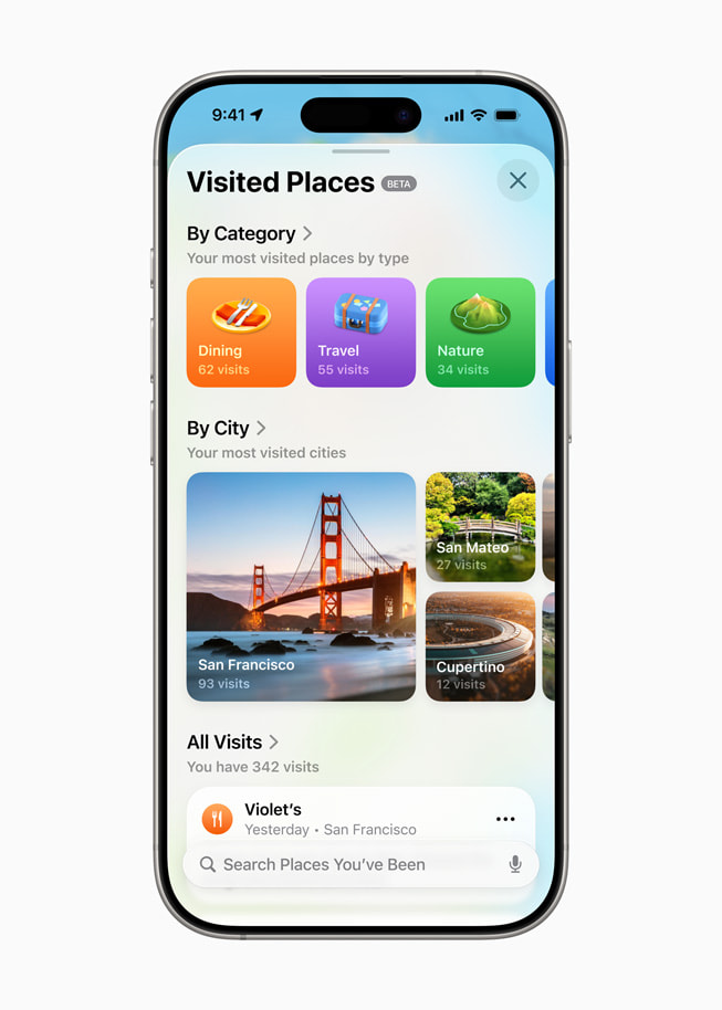 On iPhone 16 Pro, a user’s Visited Places are shown in Apple Maps.