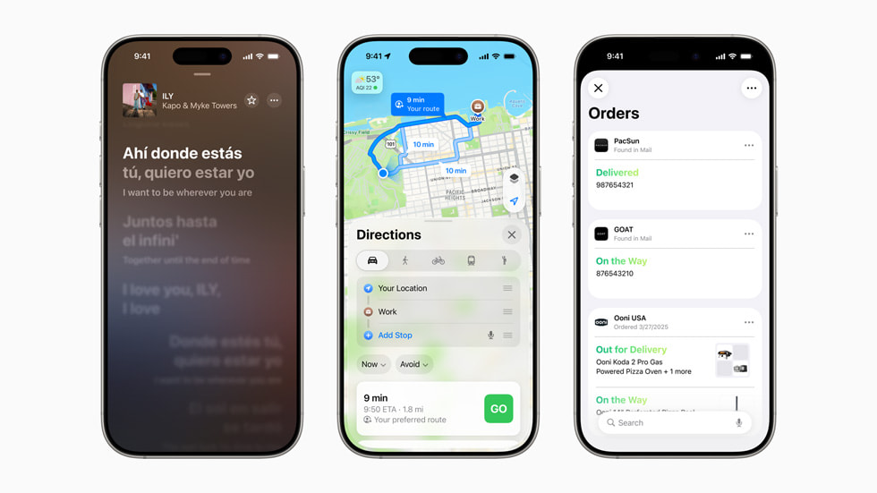 Three iPhone 16 Pro devices show upcoming updates to Apple services. From left to right: Lyrics Translation in Apple Music, preferred routes in Apple Maps, and order tracking in Apple Wallet.