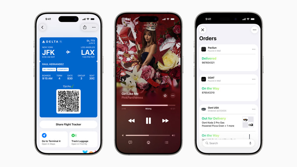 Drei iPhone 16 Pro zeigen kommende Updates bei den Apple Services. Von links nach rechts: Lyrics Translation in Apple Music, bevorzugte Routen in Apple Maps und Bestellverfolgung in Apple Wallet.