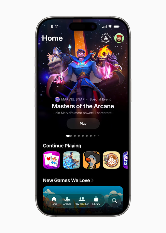 An Apple Games Home tab screen shown on iPhone 16 Pro.