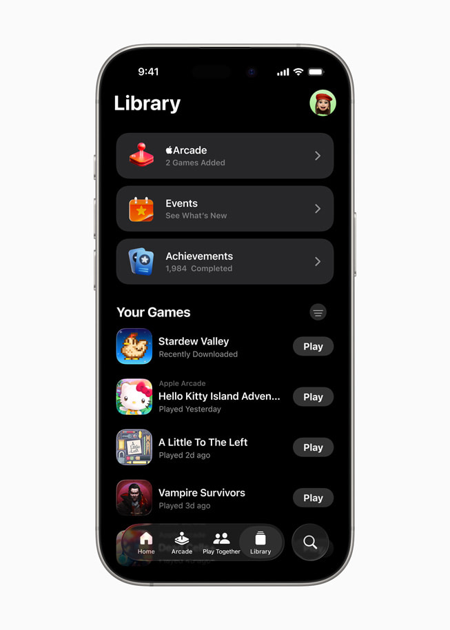 An Apple Games library screen shown on iPhone 16 Pro.