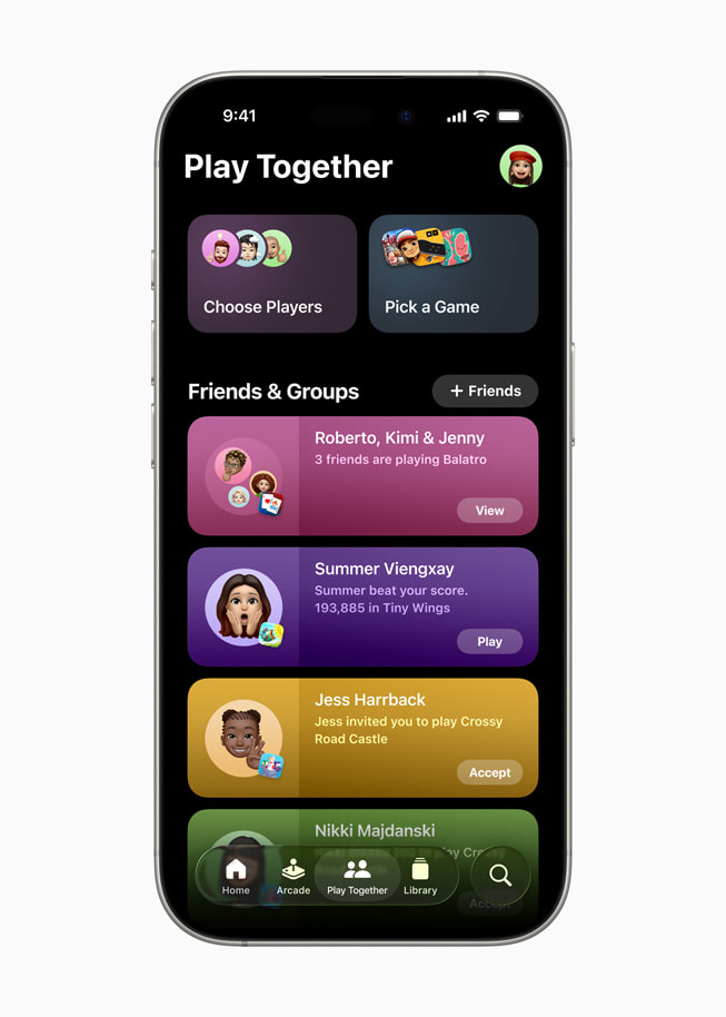 An Apple Games “play together” screen shown on iPhone 16 Pro. 