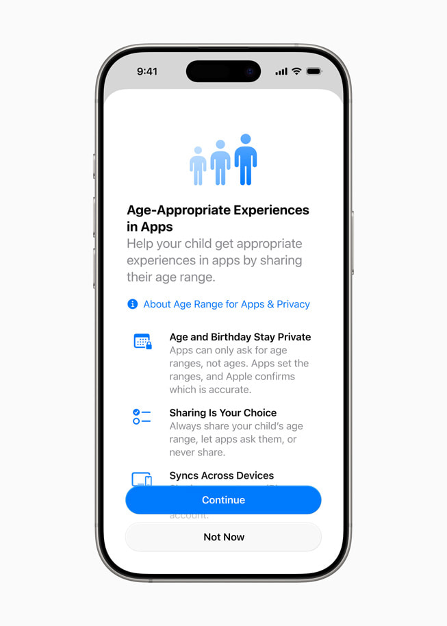 A screen on iPhone 16 Pro gives an overview of the Declared Age Range feature.