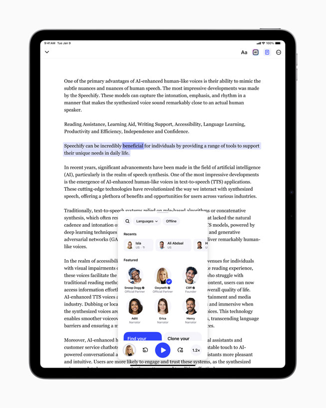 Speechify displayed on iPad.