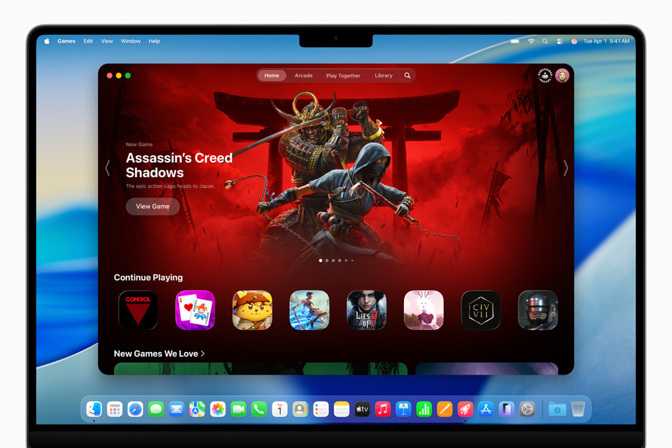 The Games app shows a screen from Assassin’s Creed Shadows on 16-inch MacBook Pro. 