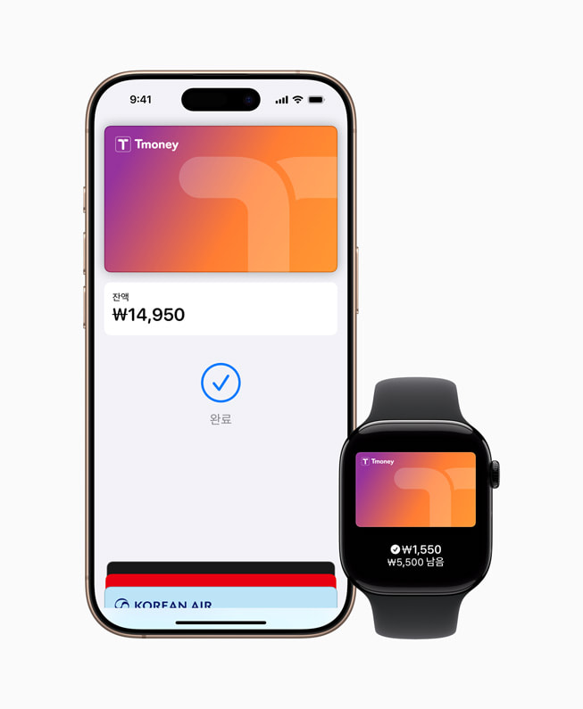 사용자 iPhone 16 Pro 및 Apple Watch 화면에 표시된 Apple Pay 티머니.