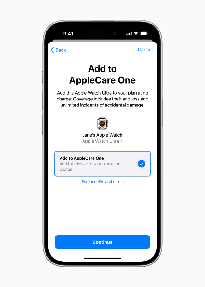 iPhone 16 shows an AppleCare One screen with a prompt to add a user’s Apple Watch Ultra to a plan.